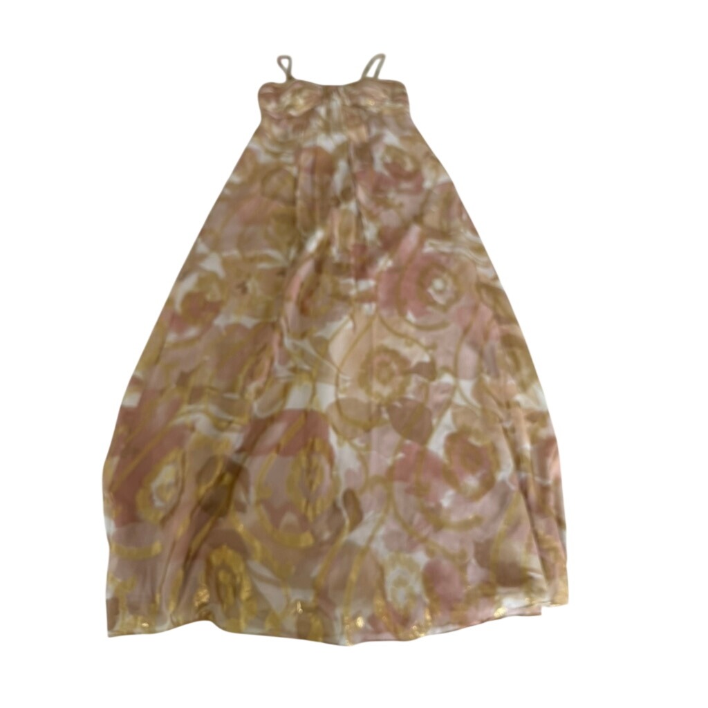 Nwt! "Oleg Cassini" Silk Blend Gold Lurex Floral Maxi Dress Pleats Sz 4 Plz Read